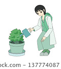 A female biologist in a white coat waters plants in her laboratory. 137774087