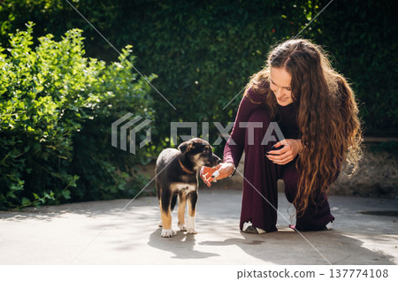 Sitting and playing. Woman is with cute dog outdoors Sitting and playing. Woman is with cute dog outdoors 137774108