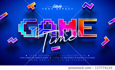 Game Time Editable Text Effect Design Vector Graphic Style with Scalable 3d Retro Video Game Typography Lettering on Blue Checkered Background. Premium Leisure and Recreation Illustration Template for Game Time Editable Text Effect Design Vector Graphic Style with Scalable 3d Retro Video Game Typography Lettering on Blue Checkered Background. Premium Leisure and Recreation Illustration Template for 137774220