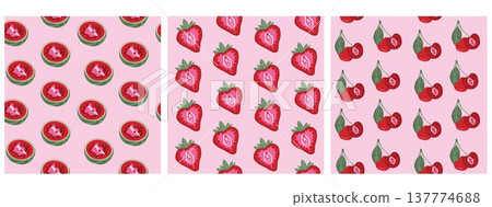 Collection of seamless patterns featuring watermelon, strawberry, and cherry illustrations with stylized feminine symbolism Collection of seamless patterns featuring watermelon, strawberry, and cherry illustrations with stylized feminine symbolism 137774688