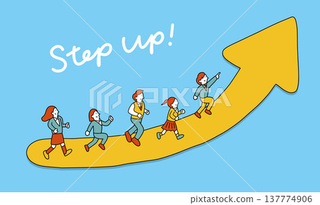 一幅插圖描繪了五名學生沿著向上箭頭奔跑,象徵著升上下一年級、新學年、新學年或成績提高。 一幅插圖描繪了五名學生沿著向上箭頭奔跑,象徵著升上下一年級、新學年、新學年或成績提高。 137774906