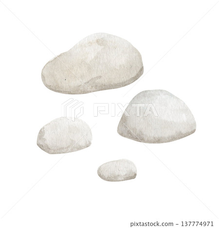 Watercolor zen stones set isolated on white background. Hand painted spa pebbles collection natural rock shapes for meditation, wellness, garden decor, landscape design, oriental style illustration 137774971