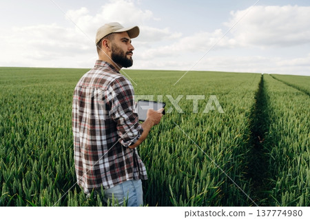 Quality control, with digital tablet. Man farmer is on the agricultural field Quality control, with digital tablet. Man farmer is on the agricultural field 137774980