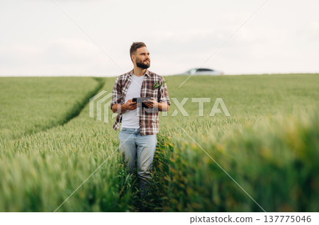 In checkered shirt, with digital tablet, walking. Man farmer is on the agricultural field In checkered shirt, with digital tablet, walking. Man farmer is on the agricultural field 137775046