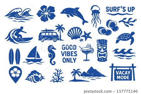 Surf surfboard wave with beach hawaii icon for summer hawaiian hand. Element stamp bali with surf waves tropical for vintage palm sea. Doodle illustration surf with turtle beach flower Surf surfboard wave with beach hawaii icon for summer hawaiian hand. Element stamp bali with surf waves tropical for vintage palm sea. Doodle illustration surf with turtle beach flower 137775140