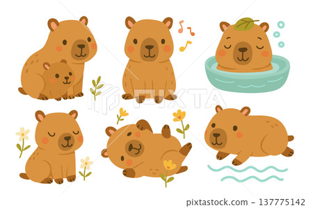Capybara vector summer and capibara cute flower with hat valentine animal. Sticker kawaii flat and bird fruit cartoon with beach set clipart. Food capybara white and character capibara 137775142