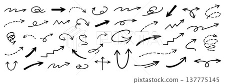 Arrow arrows line and doodle curve vector with icon draw set. Hand direction drawing and arrow thin sketch with pencil graphic arrows. Brush arrow scribble and turn doodle white with comic 137775145