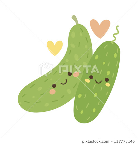 Cucumber cute food with pickle cartoon vegetable for character mascot kawaii. Icon couple emblem with cucumber green personage for salad slice happy. Fresh vector cucumber with funny pickle baby Cucumber cute food with pickle cartoon vegetable for character mascot kawaii. Icon couple emblem with cucumber green personage for salad slice happy. Fresh vector cucumber with funny pickle baby 137775146