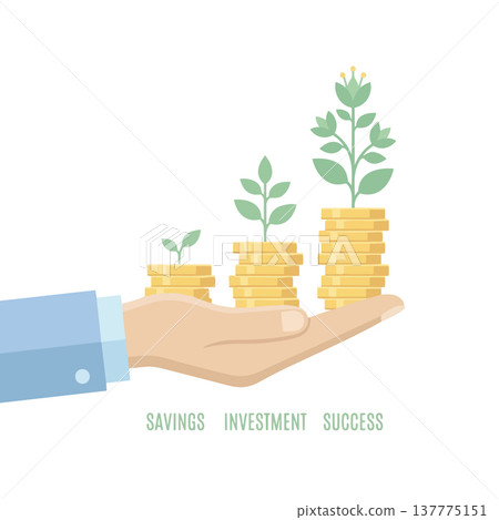 Business hand holding stacks of gold coins with green plants growing on top representing financial growth Business hand holding stacks of gold coins with green plants growing on top representing financial growth 137775151