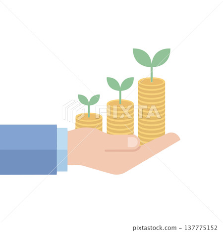 Hand presenting increasing coin stacks with small plants symbolizing money growth investment strategy financial success 137775152