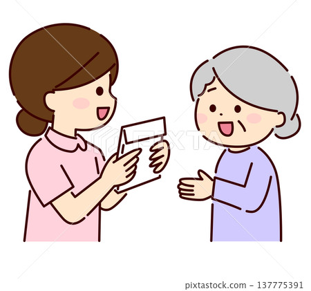 Medical staff handing over a medicine bag to an elderly woman 137775391