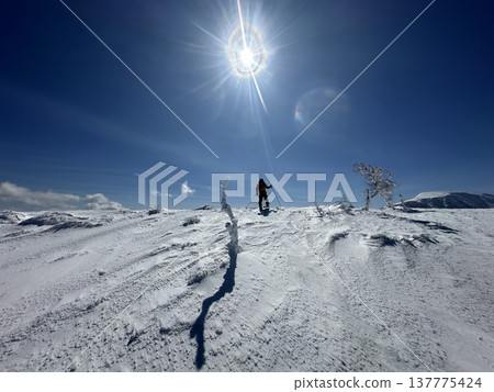 一名登山者站在白雪皚皚的山頂上 一名登山者站在白雪皚皚的山頂上 137775424