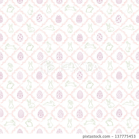 Easter holiday pattern with gifts eggs, and bunny. Happy easter seamless spring texture Easter holiday pattern with gifts eggs, and bunny. Happy easter seamless spring texture 137775453