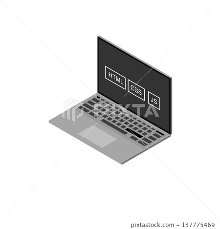 Grey isometric laptop 3D illustration with web development programming icons on dark screen 137775469