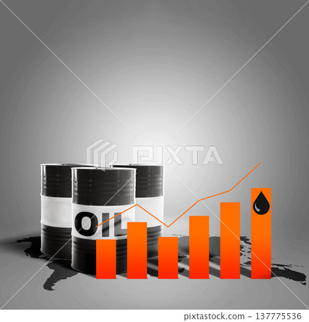 Conceptual image featuring oil barrels with a rising orange bar chart and line graph over a world map, symbolizing fluctuations and growth in the global oil and energy market Conceptual image featuring oil barrels with a rising orange bar chart and line graph over a world map, symbolizing fluctuations and growth in the global oil and energy market 137775536