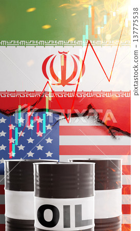 Conceptual illustration featuring Iranian and US flags separated by a crack, with oil barrels and volatile financial stock market charts representing economic tension and oil trade Conceptual illustration featuring Iranian and US flags separated by a crack, with oil barrels and volatile financial stock market charts representing economic tension and oil trade 137775538