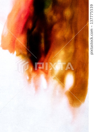 A macro shot of wet orange and red ink bleeding into white paper, creating a fiery organic abstract pattern with soft edges and vertical drips A macro shot of wet orange and red ink bleeding into white paper, creating a fiery organic abstract pattern with soft edges and vertical drips 137775539