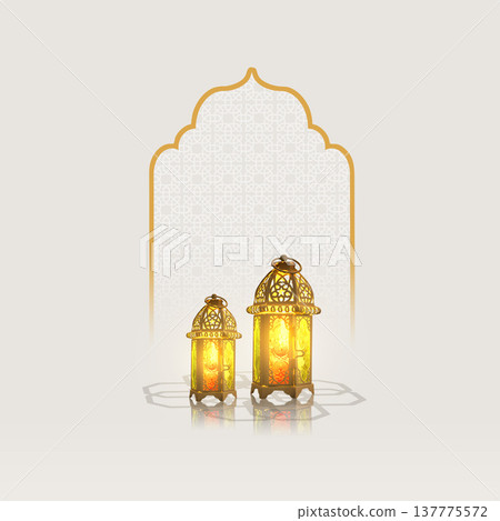 A minimalist Ramadan Kareem background featuring two beautifully lit 3D Arabic lanterns and a decorative gold arch with geometric patterns. Perfect for Islamic holiday greetings A minimalist Ramadan Kareem background featuring two beautifully lit 3D Arabic lanterns and a decorative gold arch with geometric patterns. Perfect for Islamic holiday greetings 137775572