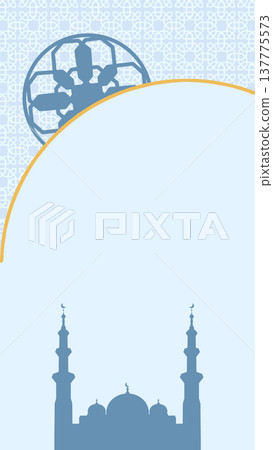 Elegant vertical background featuring a blue mosque silhouette, Islamic geometric patterns, and a decorative arch. Perfect for Ramadan, Eid, and religious invitations Elegant vertical background featuring a blue mosque silhouette, Islamic geometric patterns, and a decorative arch. Perfect for Ramadan, Eid, and religious invitations 137775573
