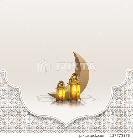 Elegant Islamic illustration featuring two glowing traditional lanterns and a crescent moon on a minimalist white background with geometric patterns. Perfect for Ramadan or Eid greetings Elegant Islamic illustration featuring two glowing traditional lanterns and a crescent moon on a minimalist white background with geometric patterns. Perfect for Ramadan or Eid greetings 137775576