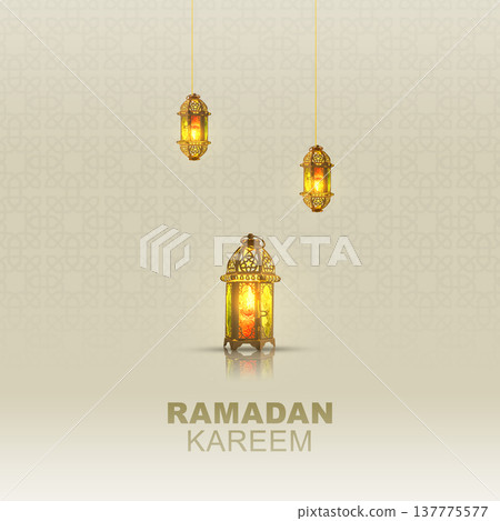 Elegant Ramadan Kareem background featuring three glowing traditional gold lanterns over a subtle geometric pattern. Perfect for Islamic holiday greetings and banners 137775577