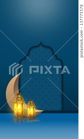 An elegant blue background featuring glowing traditional lanterns, a large crescent moon, and an intricate Islamic geometric pattern in an arched window frame for Ramadan celebrations 137775578