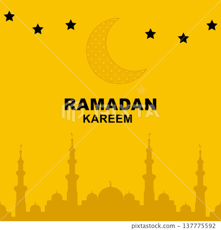A minimalist Ramadan Kareem greeting design featuring black stars, an intricate crescent moon, and a mosque skyline silhouette on a vibrant yellow background A minimalist Ramadan Kareem greeting design featuring black stars, an intricate crescent moon, and a mosque skyline silhouette on a vibrant yellow background 137775592