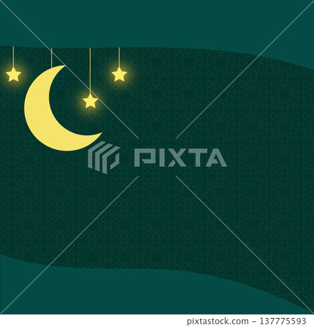 A beautiful green Islamic themed background featuring a glowing yellow crescent moon and hanging stars over a subtle geometric pattern A beautiful green Islamic themed background featuring a glowing yellow crescent moon and hanging stars over a subtle geometric pattern 137775593