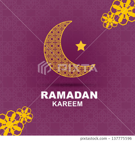 A festive purple background with a golden patterned crescent moon, star, and 'Ramadan Kareem' text. Intricate geometric motifs decorate the background and corners 137775596