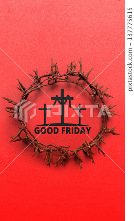 A symbolic Good Friday image featuring a crown of thorns encircling a graphic of three crosses and the text 'Good Friday' against a vibrant red textured background A symbolic Good Friday image featuring a crown of thorns encircling a graphic of three crosses and the text 'Good Friday' against a vibrant red textured background 137775615
