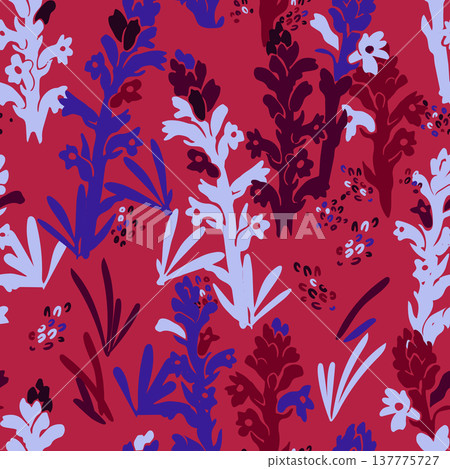 Vibrant artistic botanical seamless pattern. Modern hand-drawn flowers for luxury fashion, home decor, textile printing, and commercial gift wrap. 137775727