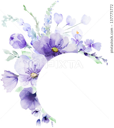 Round frame with watercolor light purple flowers, botanical border isolated illustration Round frame with watercolor light purple flowers, botanical border isolated illustration 137775772