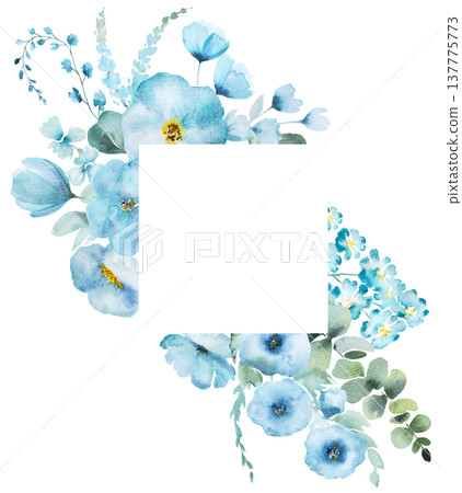 Watercolor floral square frame with turquoise flowers, botanical element for wedding stationery 137775773