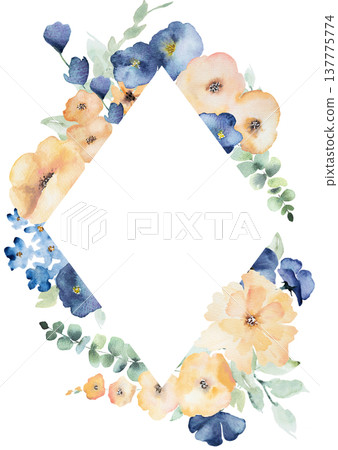 Watercolor floral frame with blue and yellow flowers, isolated illustration for wedding stationery Watercolor floral frame with blue and yellow flowers, isolated illustration for wedding stationery 137775774