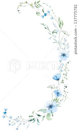 Round floral bouquet with blue watercolor wildflowers and leaves, hand drawn wedding illustration Round floral bouquet with blue watercolor wildflowers and leaves, hand drawn wedding illustration 137775781
