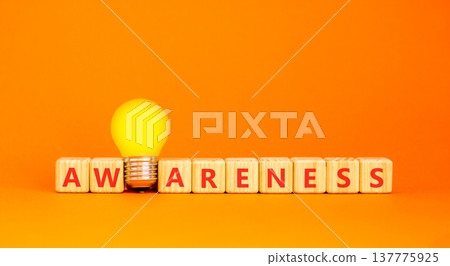 Awareness symbol. Concept word Awareness on beautiful wooden blocks. Beautiful orange background. Beautiful yellow light bulb. Business education awareness concept. Copy space. Awareness symbol. Concept word Awareness on beautiful wooden blocks. Beautiful orange background. Beautiful yellow light bulb. Business education awareness concept. Copy space. 137775925
