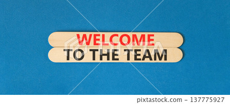 Support, help welcome to the team symbol. Concept words Welcome to the team on beautiful wooden sticks. Beautiful blue background. Business welcome to the team concept. Copy space. Support, help welcome to the team symbol. Concept words Welcome to the team on beautiful wooden sticks. Beautiful blue background. Business welcome to the team concept. Copy space. 137775927