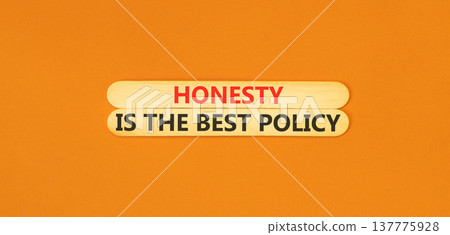 Honesty is the best policy symbol. Concept words Honesty is the best policy on beautiful wooden sticks. Beautiful orange background. Business honesty is best policy concept. Copy space. 137775928