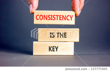 Consistency is the key symbol. Concept words Consistency is the key on beautiful wooden blocks. Beautiful grey background. Businessman's hand. Business consistency is the key concept. Copy space. 137775945
