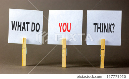 Support, help what do you think symbol. Concept words What do you think on beautiful white papers on wooden clothespin. Beautiful grey background. Business what do you think concept. Copy space. Support, help what do you think symbol. Concept words What do you think on beautiful white papers on wooden clothespin. Beautiful grey background. Business what do you think concept. Copy space. 137775950