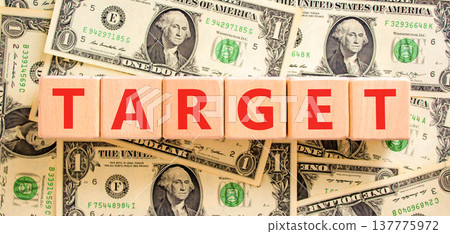 Target word symbol. Concept word Target on beautiful wooden blocks. Beautiful dollar bills background. Beautiful dollar bills. Business target word concept. Copy space. Target word symbol. Concept word Target on beautiful wooden blocks. Beautiful dollar bills background. Beautiful dollar bills. Business target word concept. Copy space. 137775972