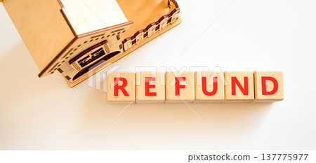 Refund word symbol. Concept word Refund on beautiful wooden blocks. Beautiful white background. Beautiful wooden model of house. Business word refund concept. Copy space. Refund word symbol. Concept word Refund on beautiful wooden blocks. Beautiful white background. Beautiful wooden model of house. Business word refund concept. Copy space. 137775977