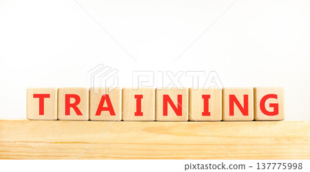 Training word symbol. Concept word Training on beautiful wooden blocks on wooden beam. Beautiful white background. Business support help training word concept. Copy space. 137775998