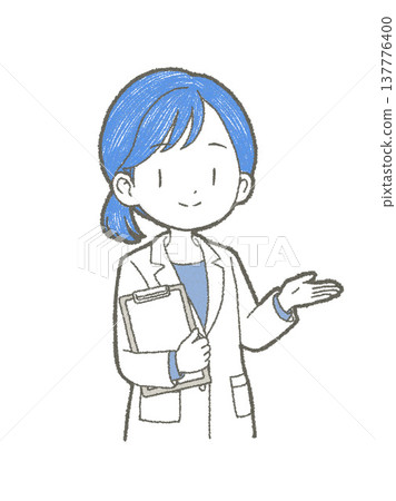 手繪插圖，描繪了一位身穿白大褂的女性醫務人員，她手裡拿著一個裝有文件的文件夾。 137776400
