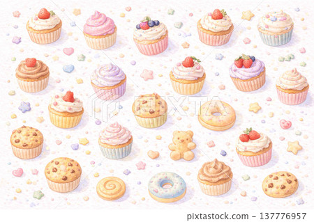 甜點系列：可愛精緻的紙杯蛋糕俯視圖圖案 137776957