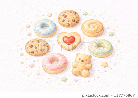 Sweets Series: Cookies arranged in the shape of flowers against a natural background 137776967