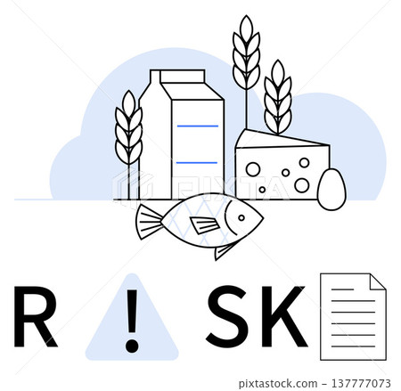 Food safety, health hazards, contamination management, allergen tracking, compliance, and risk assessment. Milk, cheese fish and grain with a warning sign and document icon. Food safety and health Food safety, health hazards, contamination management, allergen tracking, compliance, and risk assessment. Milk, cheese fish and grain with a warning sign and document icon. Food safety and health 137777073
