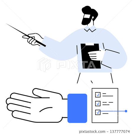 Task management, business training, teamwork, planning, education, process organization. Presenter holding clipboard and pointing to checklist. Task management and business training concept Task management, business training, teamwork, planning, education, process organization. Presenter holding clipboard and pointing to checklist. Task management and business training concept 137777074
