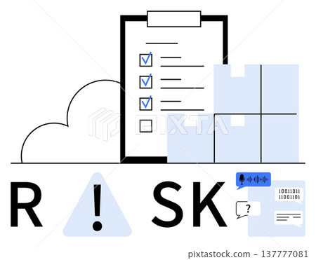 Business management, decision-making, logistics, data analysis, cybersecurity, risk assessment. Checklist clipboard, boxes data icons cloud symbol. Risk assessment and business management concept Business management, decision-making, logistics, data analysis, cybersecurity, risk assessment. Checklist clipboard, boxes data icons cloud symbol. Risk assessment and business management concept 137777081