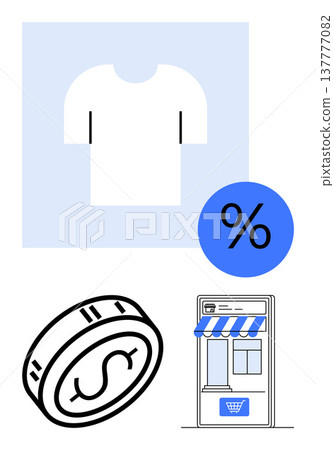 E-commerce, online shopping, retail discounts, fashion sales, digital purchasing, and business marketing. T-shirt, percentage symbol coin and storefront graphic. E-commerce and online shopping 137777082